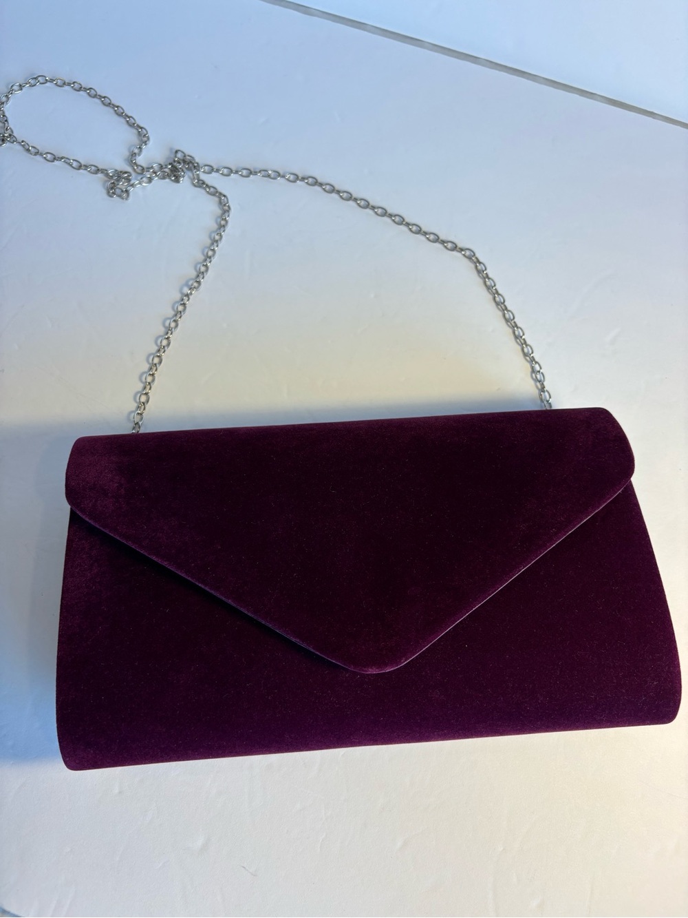 Unbranded Deep Plum Velvet Envelope Clutch with Silver Chain